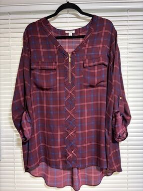 Plaid Zip-Front Blouse - Burgundy